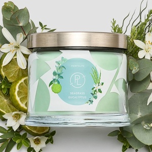 image:imagePartyLite 3Wick Jar Candle Highly Fragranced Clean Burning Glass Candle 2545 Hours Burn Time Almond Pear TartSeagrass Eucalyptus